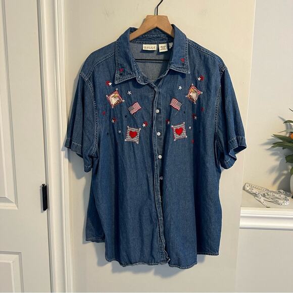 Vintage Quizz Blue July 4th Eagle Patriotic American Flag Denim Top 22/24 - Picture 9 of 10